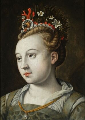 Head of a woman with eyes looking up