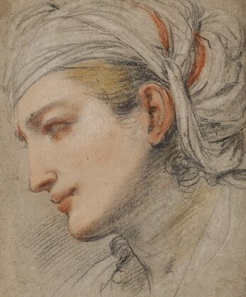 Head of a young woman with a headcloth, in profile to the left