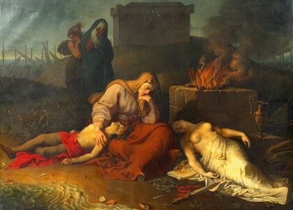 Hecabe with the corpses of her children Polyxena and Polydoros at the tomb of Achilles