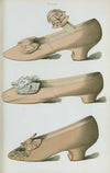 Heliotrope satin shoe with bow of the same material covering elastic strap; heliotrope silk shoe, decorated with real lace