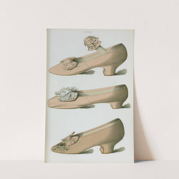 Heliotrope satin shoe with bow of the same material covering elastic strap; heliotrope silk shoe, decorated with real lace by T. Watson Greig