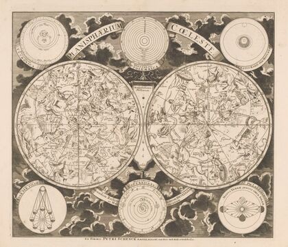 Hemelkaart met de noordelijke en zuidelijke sterrenbeelden Planisphaerium coeleste (1660-1708)