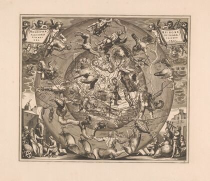 Hemelkaart met de noordelijke sterrenbeelden Haemisphaerii borealis coeli et terrae sphaerica scenographia (1660-1708)