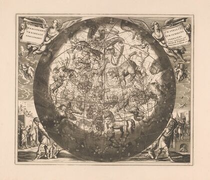 Hemelkaart met de noordelijke sterrenbeelden Haemisphaerium stellatum boreale cum subiecto haemisphaerio terrestri (1660-1708)