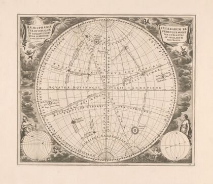Hemelkaart met rechtopstaande en schuine aardbol Haemisphaeria sphaerarum rectae (1660-1708)