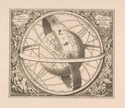 Hemelkaart van de aarde volgens het stelsel van Ptolemaeus Situs terrae circulis coelestibus circundatae (1660-1708)