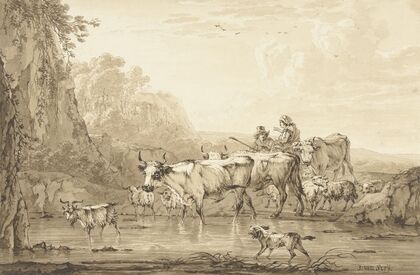 Herder en herderin met runderen en schapen bij een poel