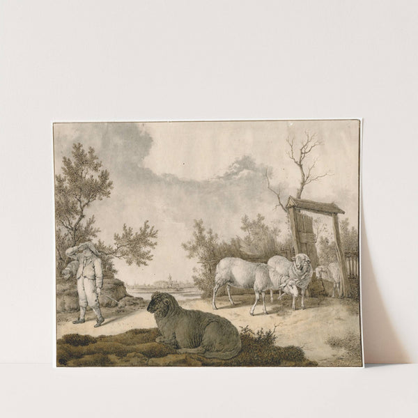 Herder met schapen bij omheining by Barend Hendrik Thier