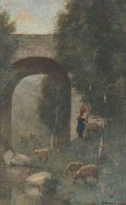 Herderin met schapen, bij een viaduct