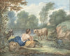 Herderin met schapen in een landschap met een meertje