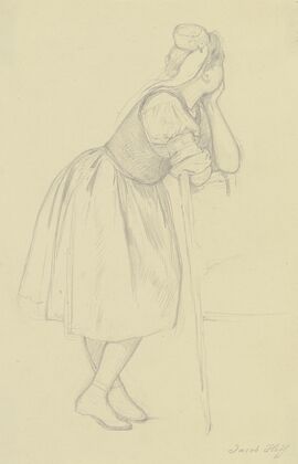 Hessisches Bauernmädchen, ganze Figur, stehend, auf eine Stuhllehne gestützt.