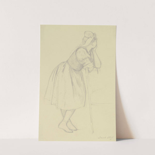 Hessisches Bauernmädchen, ganze Figur, stehend, auf eine Stuhllehne gestützt. by Johann Jakob Hoff