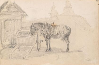 Hest og kjerre ved Leksand kirke (1852)