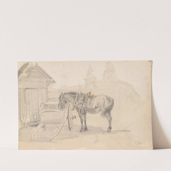 Hest og kjerre ved Leksand kirke (1852) by Adolph Tidemand