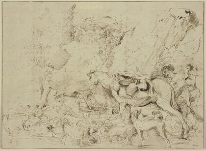 Hirten mit Pferd, Esel und Schafherde in einer Felsenlandschaft