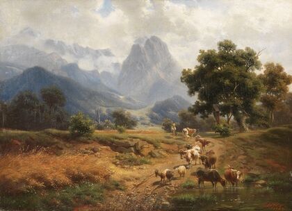 Hirtenjunge mit Vieh bei Partenkirchen mit Blick auf das Wettersteingebirge