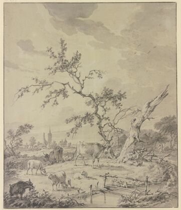Hirtenknabe mit Rindern, Schafen und Ziegen bei einem dürren und einem abgestorbenen Baum, im Hintergrund Ruinen, ein Turm und eine Kirche