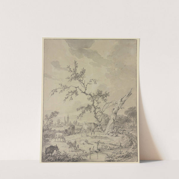 Hirtenknabe mit Rindern, Schafen und Ziegen bei einem dürren und einem abgestorbenen Baum, im Hintergrund Ruinen, ein Turm und eine Kirche by Adrianus de Visser