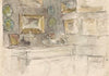 Hoek van een kamer met schilderijen aan de muur (1852 - 1902)