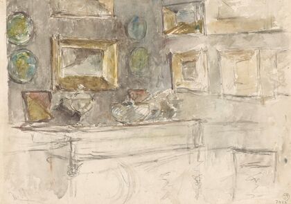 Hoek van een kamer met schilderijen aan de muur (1852 - 1902)