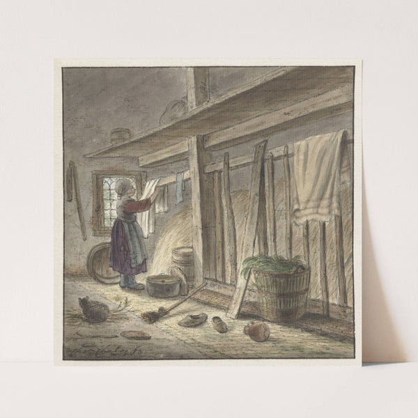 Hoekje van een stal met een meisje dat een doek ophangt by Christina Chalon