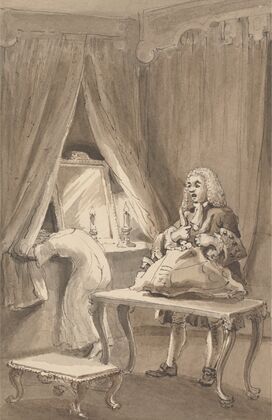 Hogarth After His Wife had Put on a New Night Shirt, Ties up Her Things to Send to Sir James Thornhill with a Letter…