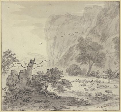 Hohe Felsen, links ruhender Schafhirte