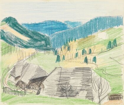 Höll; Sommerlandschaft mit zwei Schwarzwaldhäusern vorn