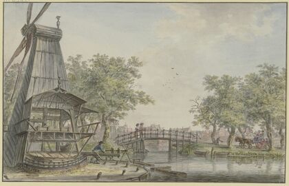 Holländische Landschaft an einem Kanal, über den eine Brücke führt