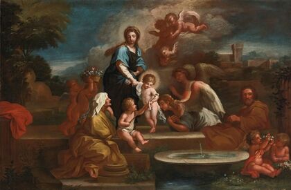 Holy family with angels in a landscape