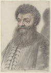 Homme à large barbe en éventail et aux cheveux frisés, portant une veste à brandebourgs, de trois quarts à gauche
