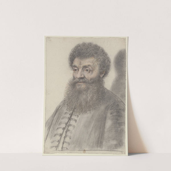Homme à large barbe en éventail et aux cheveux frisés, portant une veste à brandebourgs, de trois quarts à gauche by Nicolas Lagneau