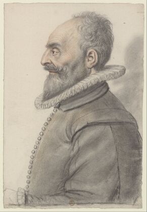 Homme âgé, à barbe courte, portant une fraise, de profil à gauche