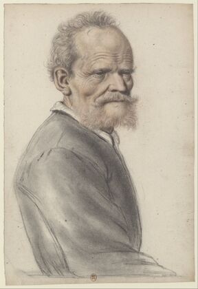 Homme âgé à barbe courte rousse, vu de trois quarts à droite