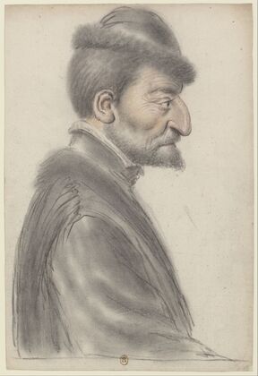 Homme âgé, à la barbe courte, coiffé d’un bonnet bordé de fourrure, de profil à droite