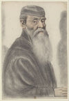 Homme âgé, à longue barbe, portant un bonnet noir, de trois-quarts à droite