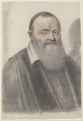 Homme âgé à longue barbe, portant une calotte, vu presque de face
