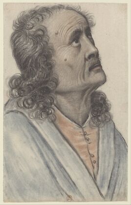 Homme âgé aux cheveux longs et bouclés, levant la tête, vu presque de profil à droite