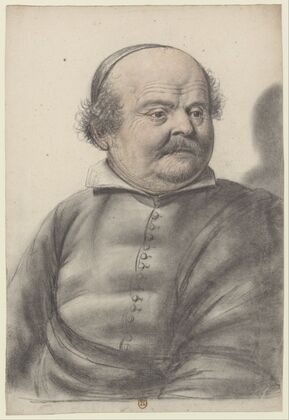Homme au visage rond, portant moustaches et royale, coiffé d’une calotte, la tête de trois quarts à droite
