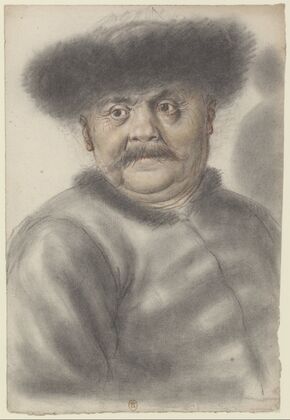 Homme coiffé d’un bonnet de fourrure, de face