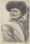 Homme coiffé d’un bonnet de fourrure, les yeux levés vers le ciel, vu de trois quarts à gauche