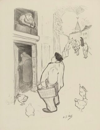 Homme dans la rue parlant avec une femme à son balcon (1895-1900)