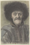 Homme moustachu, portant un bonnet bordé de fourrure, vu de face