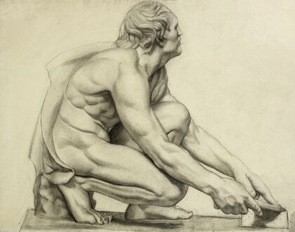 Homme nu acccroupi, de profil vers la droite, le visage de trois-quarts caché