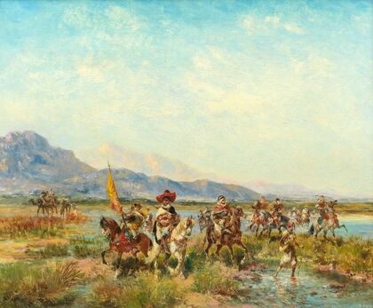 Horsemen fording a river