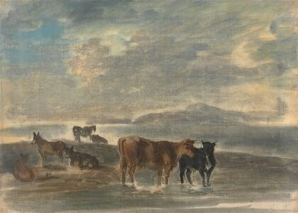 Horses and cows in a hilly landscape