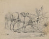Horses eating from two-wheeled cart