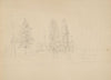 House with tall chimney and gambrel roof obscured by trees