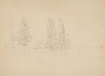House with tall chimney and gambrel roof obscured by trees