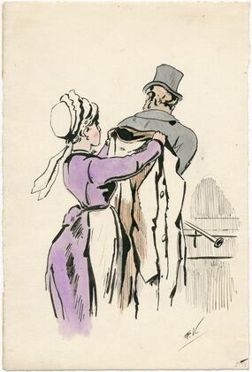 Housemaid assists a gentleman with his coat